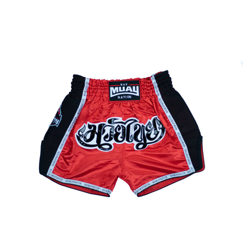 Nak Muay Nation Shorts (Red w/ Black & White)